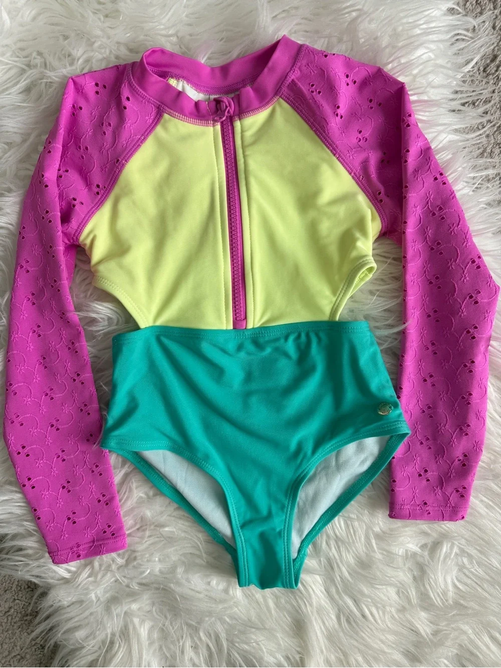 Justice Girls' Long Sleeve One-Piece Swimsuit - Hot Pink, Neon Yellow & Teal